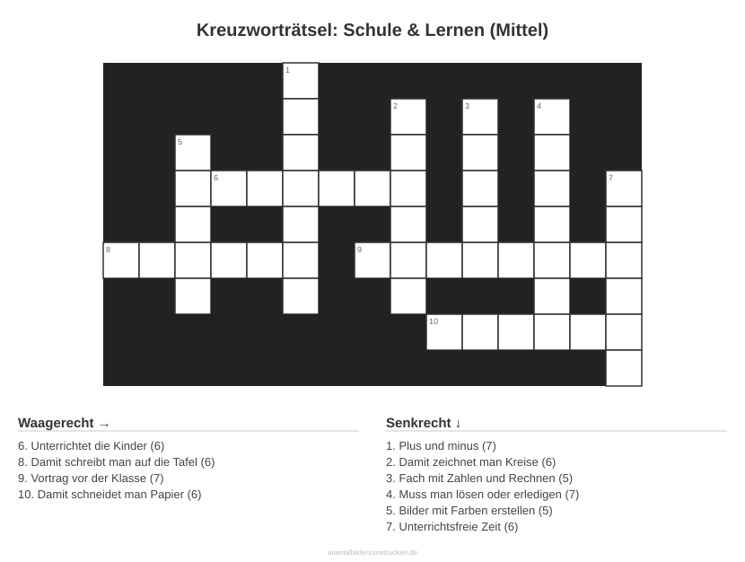 Kreuzworträtsel Kreuzworträtsel: Schule & Lernen (Mittel) aus der Kategorie Schule - kostenlos ausdrucken