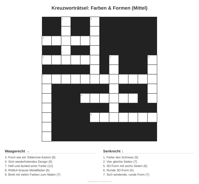 Kreuzworträtsel Kreuzworträtsel: Farben & Formen (Mittel) aus der Kategorie Farben - kostenlos ausdrucken