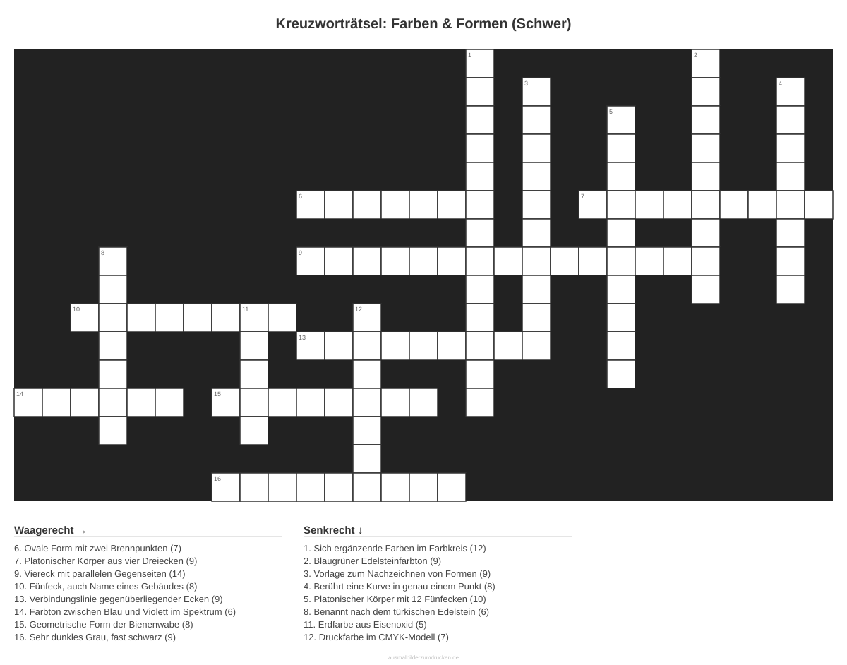 Kreuzworträtsel Kreuzworträtsel: Farben & Formen (Schwer) aus der Kategorie Farben - kostenlos ausdrucken