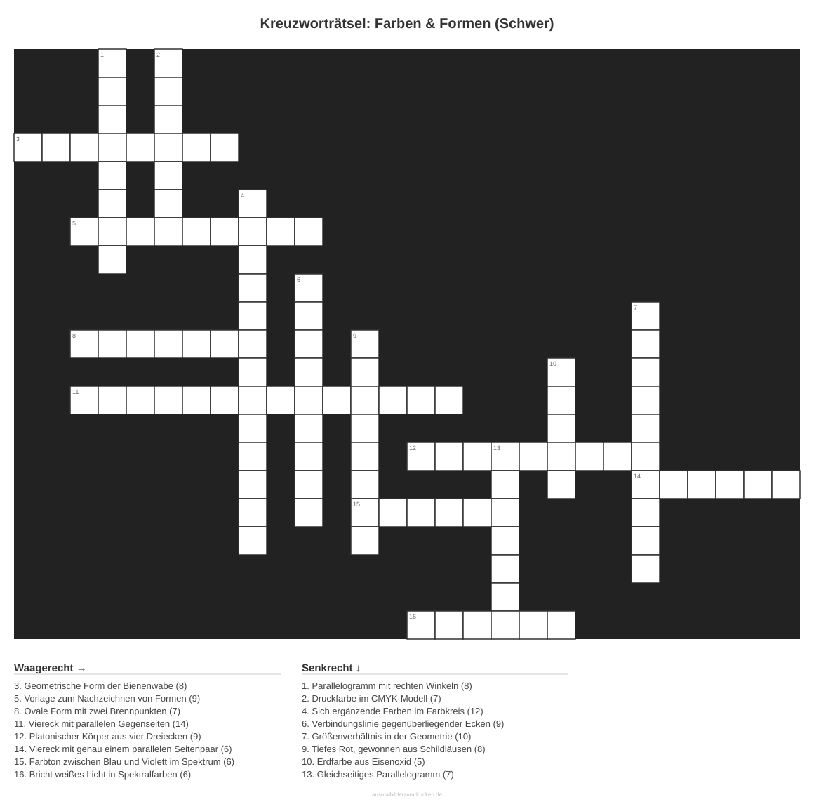 Kreuzworträtsel Kreuzworträtsel: Farben & Formen (Schwer) aus der Kategorie Farben - kostenlos ausdrucken