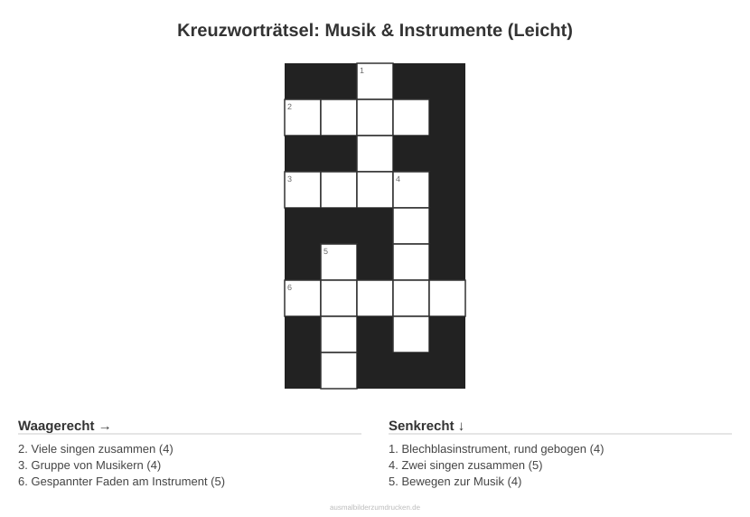Kreuzworträtsel Kreuzworträtsel: Musik & Instrumente (Leicht) aus der Kategorie Musik - kostenlos ausdrucken