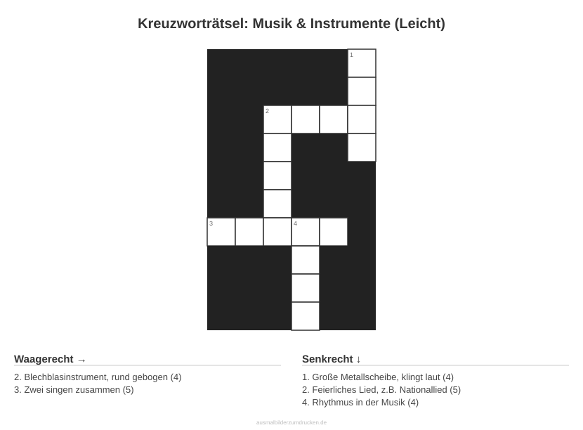 Kreuzworträtsel Kreuzworträtsel: Musik & Instrumente (Leicht) aus der Kategorie Musik - kostenlos ausdrucken