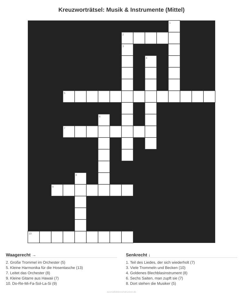 Kreuzworträtsel Kreuzworträtsel: Musik & Instrumente (Mittel) aus der Kategorie Musik - kostenlos ausdrucken