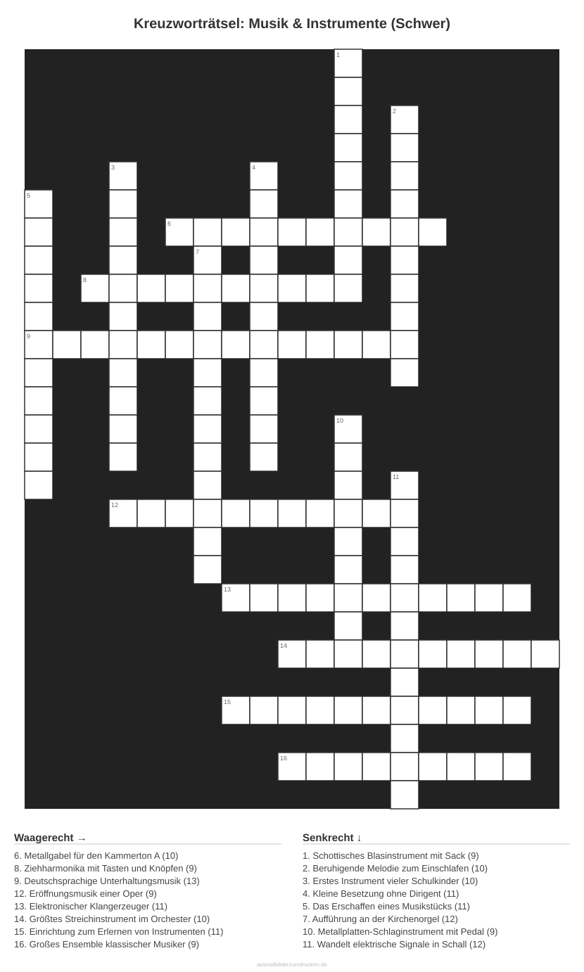Kreuzworträtsel Kreuzworträtsel: Musik & Instrumente (Schwer) aus der Kategorie Musik - kostenlos ausdrucken