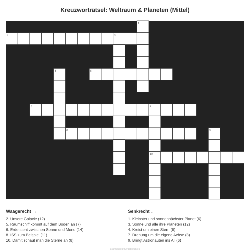 Kreuzworträtsel Kreuzworträtsel: Weltraum & Planeten (Mittel) aus der Kategorie Weltraum - kostenlos ausdrucken