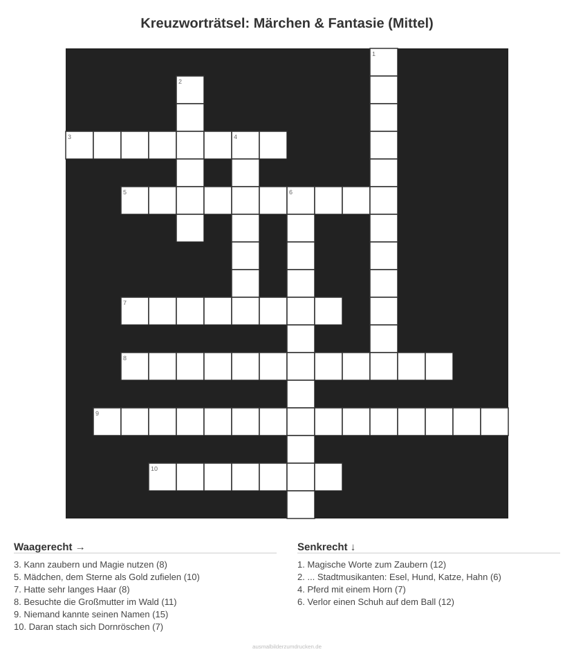 Kreuzworträtsel Kreuzworträtsel: Märchen & Fantasie (Mittel) aus der Kategorie Märchen - kostenlos ausdrucken