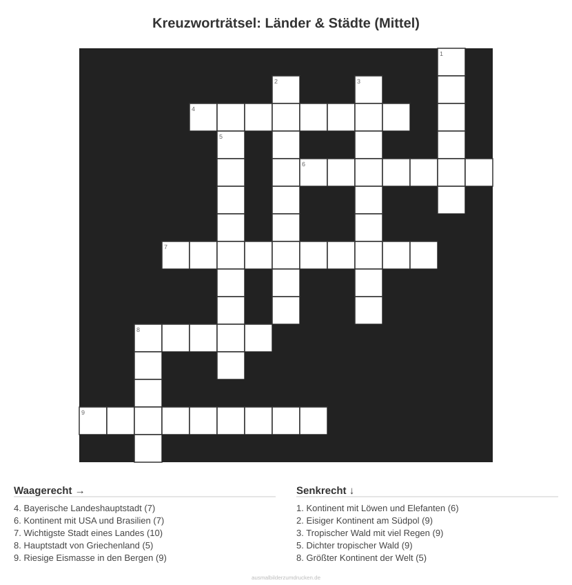 Kreuzworträtsel Kreuzworträtsel: Länder & Städte (Mittel) aus der Kategorie Länder - kostenlos ausdrucken