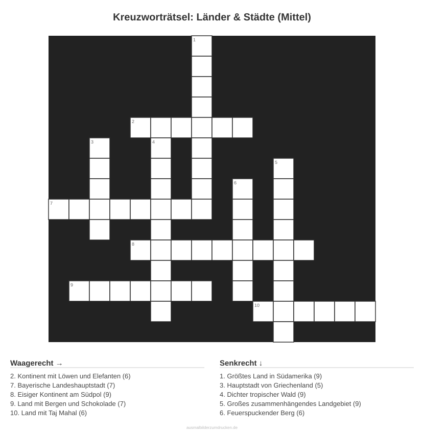 Kreuzworträtsel Kreuzworträtsel: Länder & Städte (Mittel) aus der Kategorie Länder - kostenlos ausdrucken