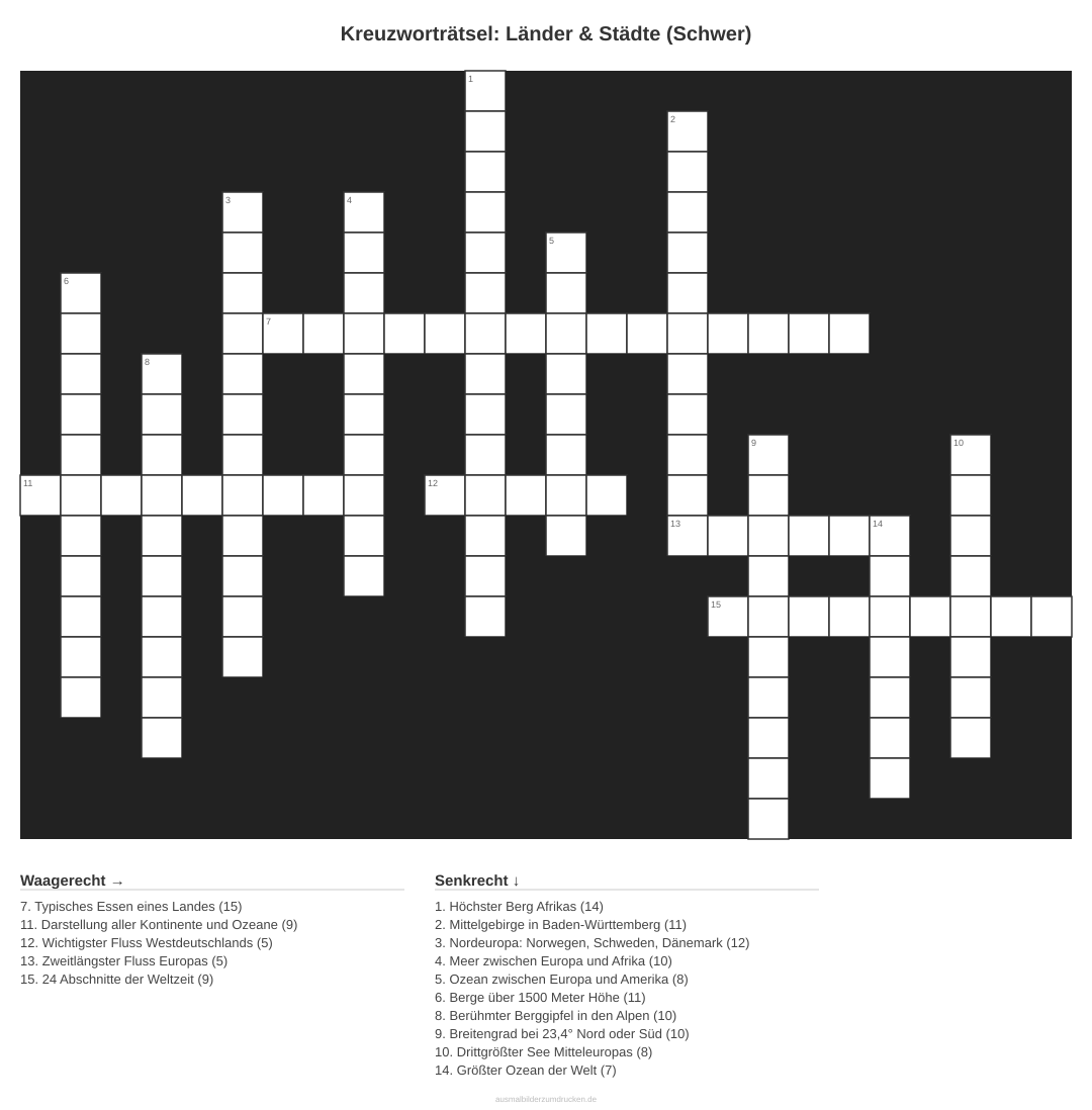 Kreuzworträtsel Kreuzworträtsel: Länder & Städte (Schwer) aus der Kategorie Länder - kostenlos ausdrucken