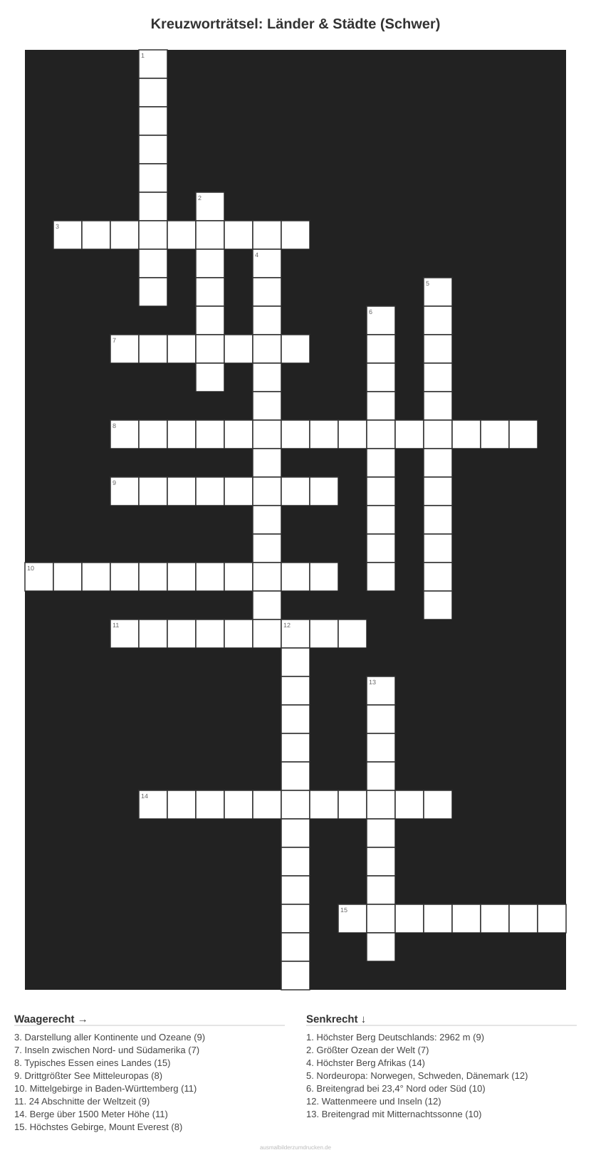 Kreuzworträtsel Kreuzworträtsel: Länder & Städte (Schwer) aus der Kategorie Länder - kostenlos ausdrucken
