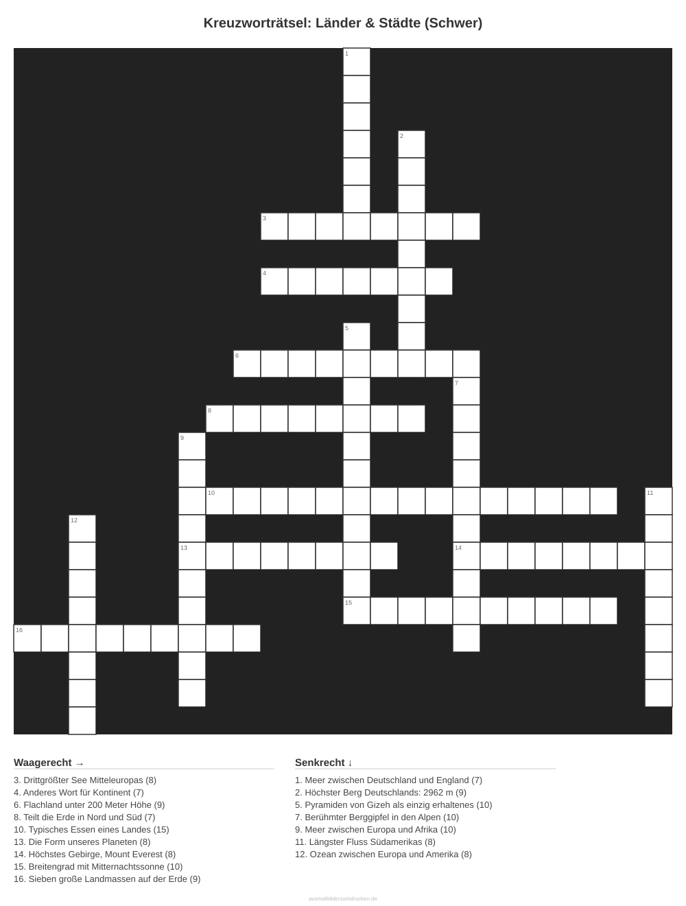 Kreuzworträtsel Kreuzworträtsel: Länder & Städte (Schwer) aus der Kategorie Länder - kostenlos ausdrucken