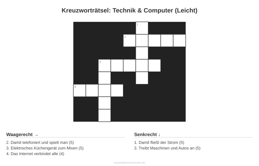 Kreuzworträtsel Kreuzworträtsel: Technik & Computer (Leicht) aus der Kategorie Technik - kostenlos ausdrucken