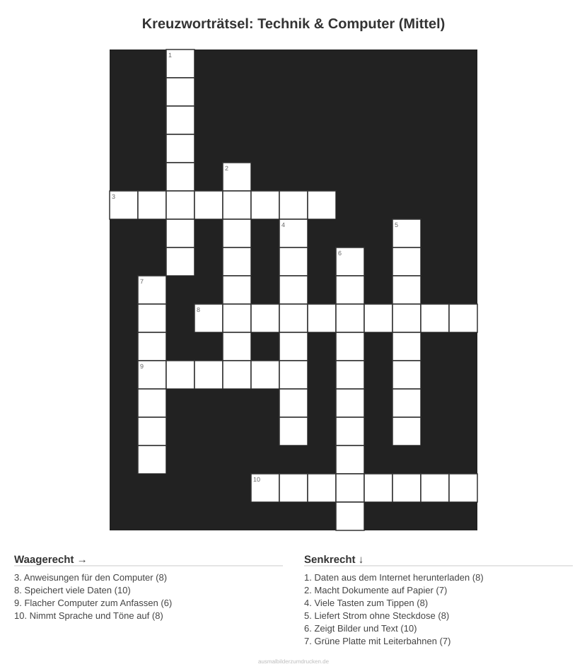 Kreuzworträtsel Kreuzworträtsel: Technik & Computer (Mittel) aus der Kategorie Technik - kostenlos ausdrucken