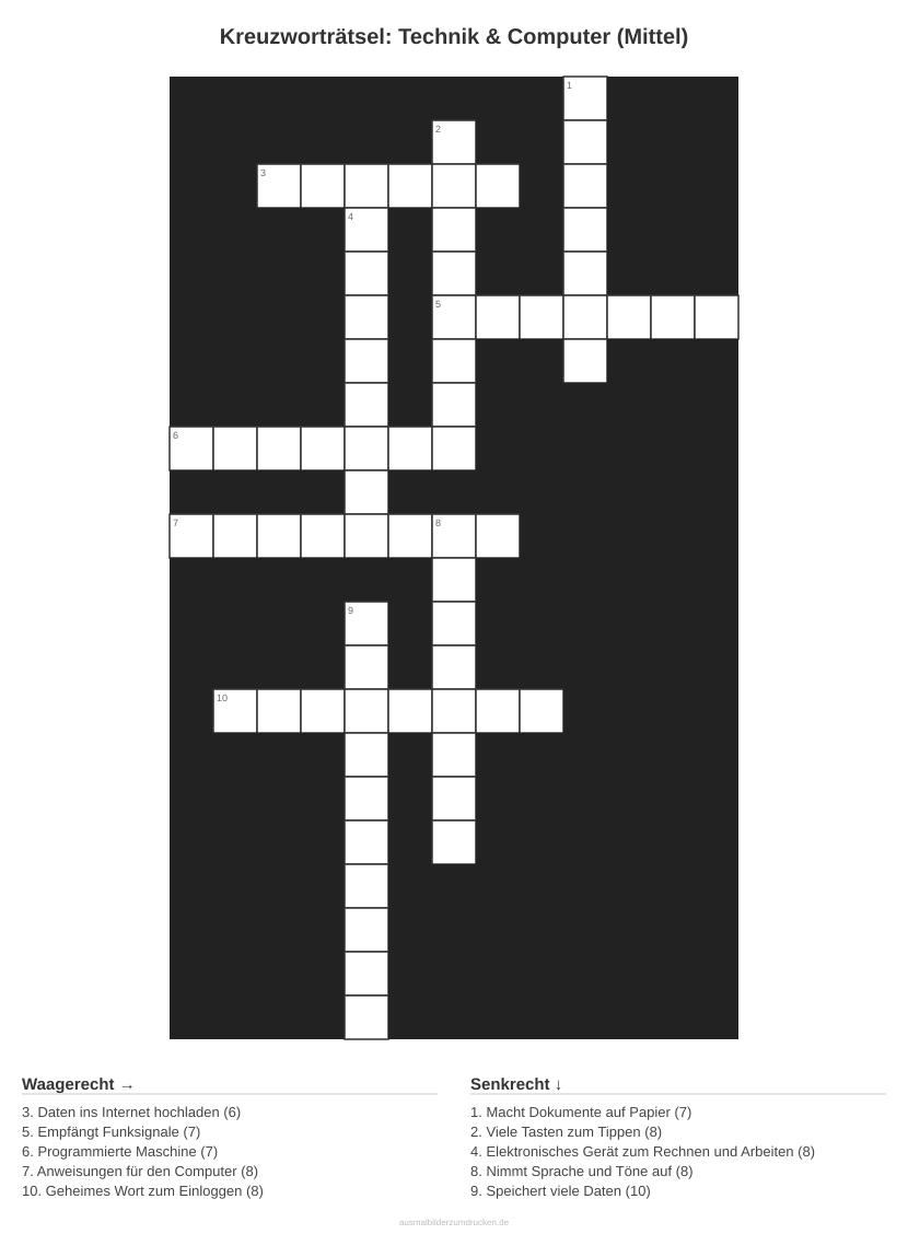 Kreuzworträtsel Kreuzworträtsel: Technik & Computer (Mittel) aus der Kategorie Technik - kostenlos ausdrucken