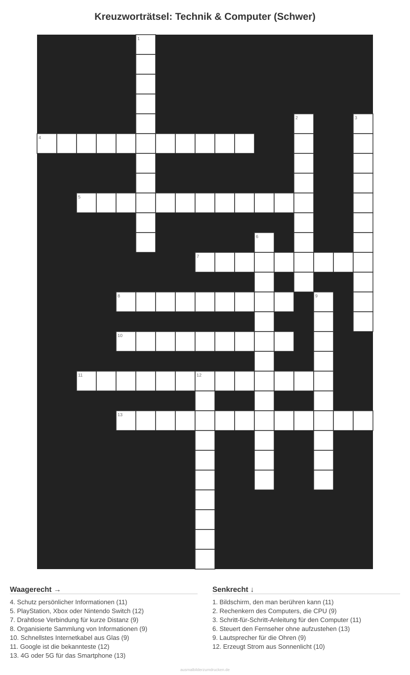 Kreuzworträtsel Kreuzworträtsel: Technik & Computer (Schwer) aus der Kategorie Technik - kostenlos ausdrucken