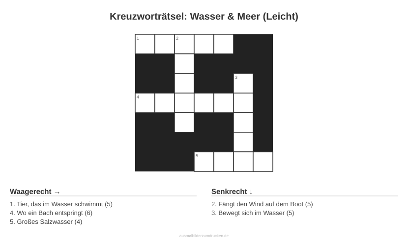 Kreuzworträtsel Kreuzworträtsel: Wasser & Meer (Leicht) aus der Kategorie Wasser - kostenlos ausdrucken
