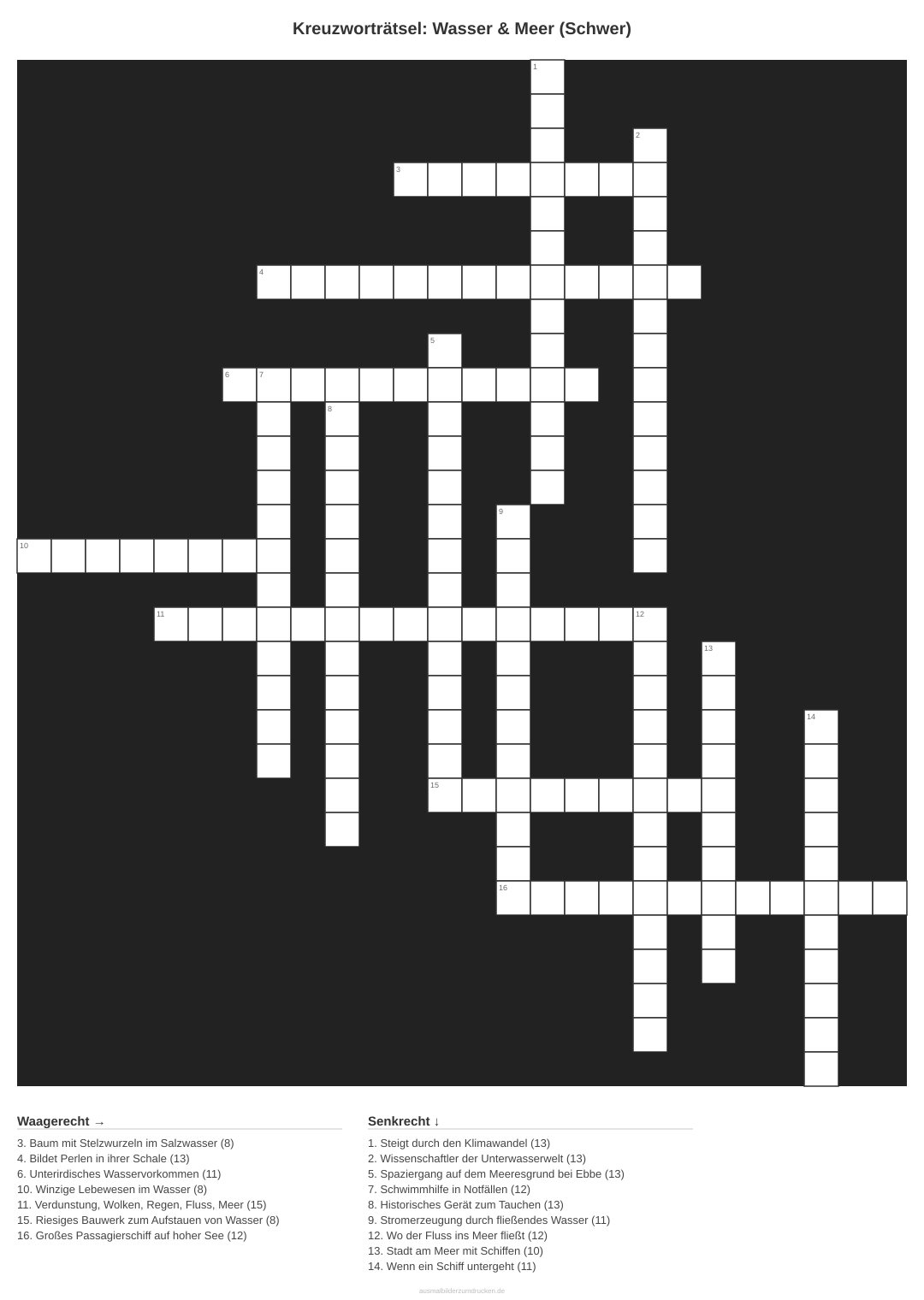 Kreuzworträtsel Kreuzworträtsel: Wasser & Meer (Schwer) aus der Kategorie Wasser - kostenlos ausdrucken