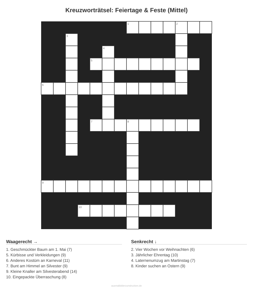 Kreuzworträtsel Kreuzworträtsel: Feiertage & Feste (Mittel) aus der Kategorie Feste - kostenlos ausdrucken