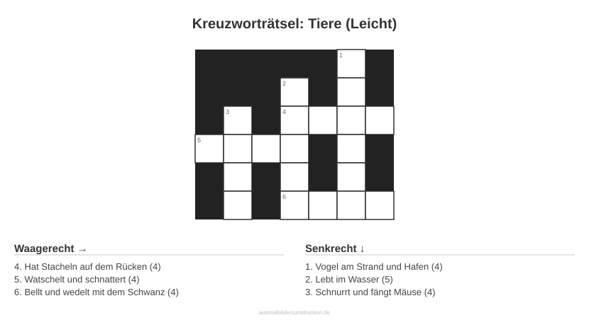 Kreuzworträtsel Kreuzworträtsel: Tiere (Leicht) aus der Kategorie Tiere - kostenlos ausdrucken