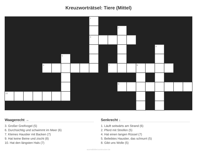 Kreuzworträtsel Kreuzworträtsel: Tiere (Mittel) aus der Kategorie Tiere - kostenlos ausdrucken