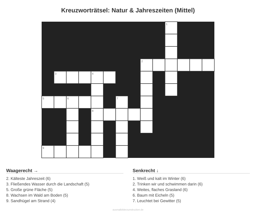 Kreuzworträtsel Kreuzworträtsel: Natur & Jahreszeiten (Mittel) aus der Kategorie Natur - kostenlos ausdrucken
