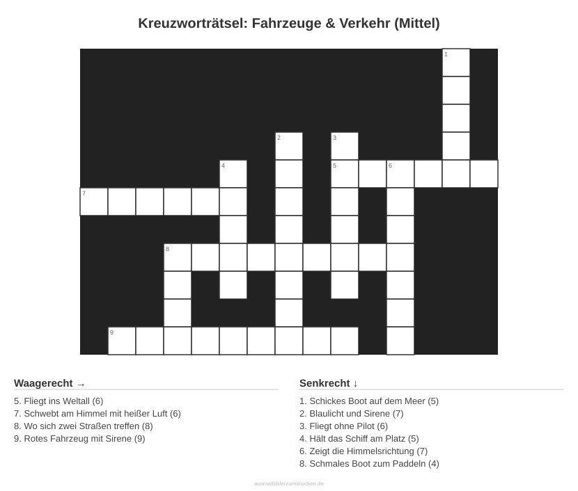 Kreuzworträtsel Kreuzworträtsel: Fahrzeuge & Verkehr (Mittel) aus der Kategorie Fahrzeuge - kostenlos ausdrucken