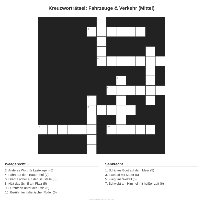 Kreuzworträtsel Kreuzworträtsel: Fahrzeuge & Verkehr (Mittel) aus der Kategorie Fahrzeuge - kostenlos ausdrucken