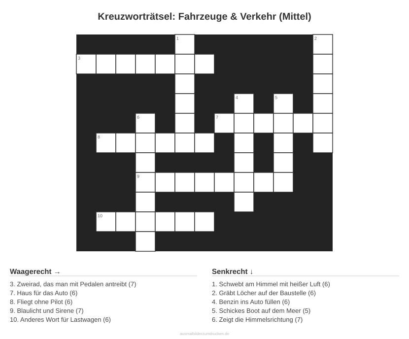 Kreuzworträtsel Kreuzworträtsel: Fahrzeuge & Verkehr (Mittel) aus der Kategorie Fahrzeuge - kostenlos ausdrucken