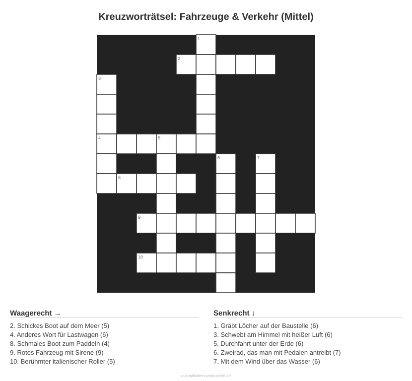 Kreuzworträtsel Kreuzworträtsel: Fahrzeuge & Verkehr (Mittel) aus der Kategorie Fahrzeuge - kostenlos ausdrucken