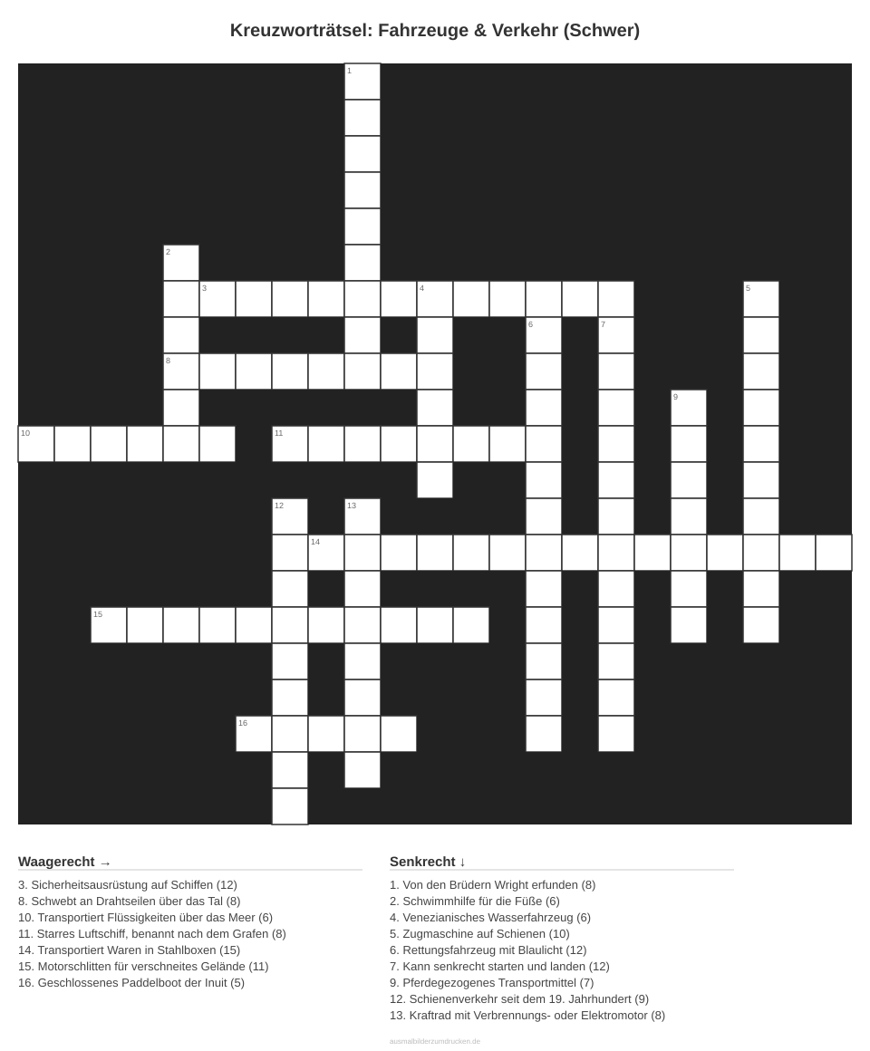 Kreuzworträtsel Kreuzworträtsel: Fahrzeuge & Verkehr (Schwer) aus der Kategorie Fahrzeuge - kostenlos ausdrucken