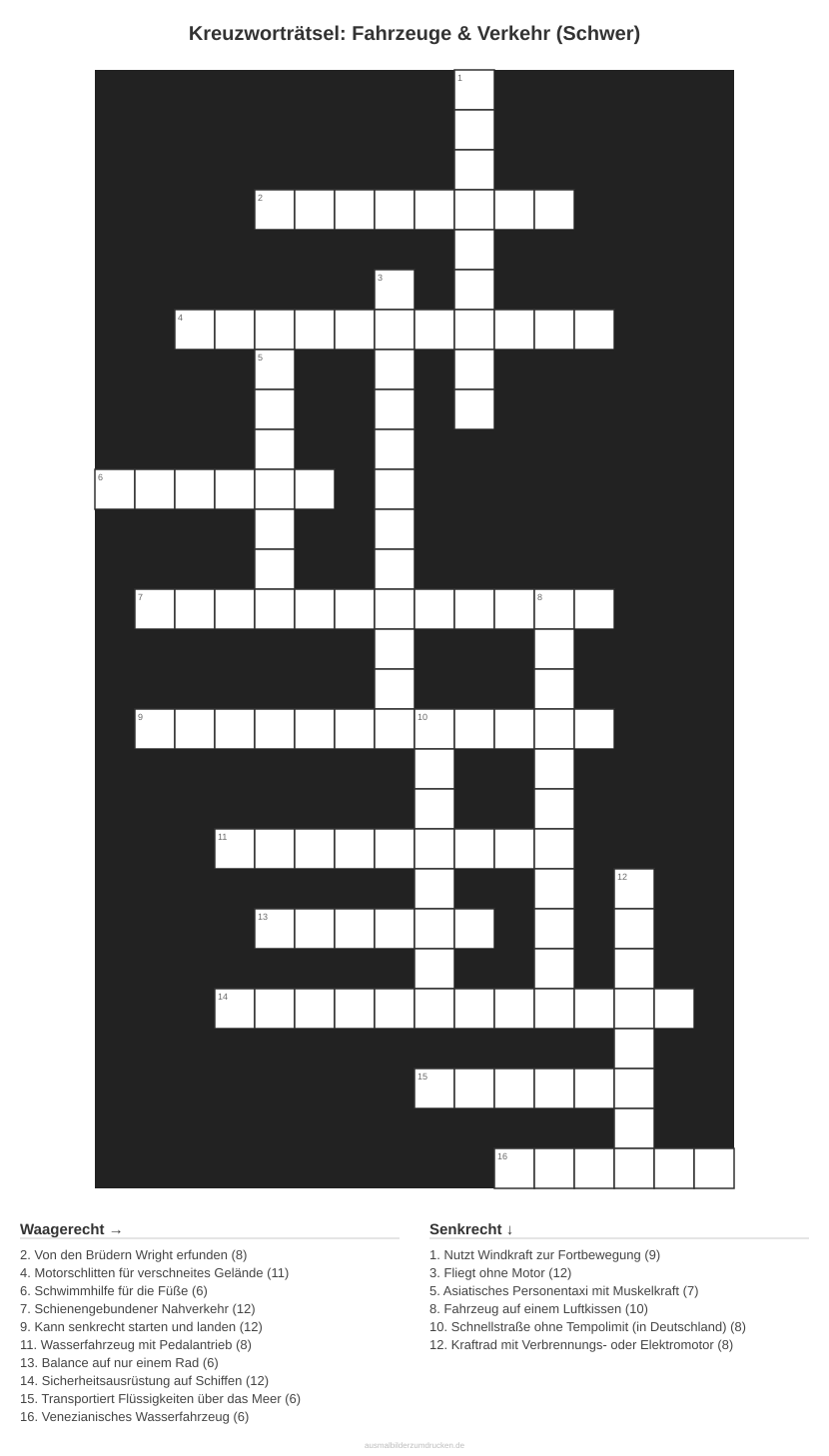 Kreuzworträtsel Kreuzworträtsel: Fahrzeuge & Verkehr (Schwer) aus der Kategorie Fahrzeuge - kostenlos ausdrucken