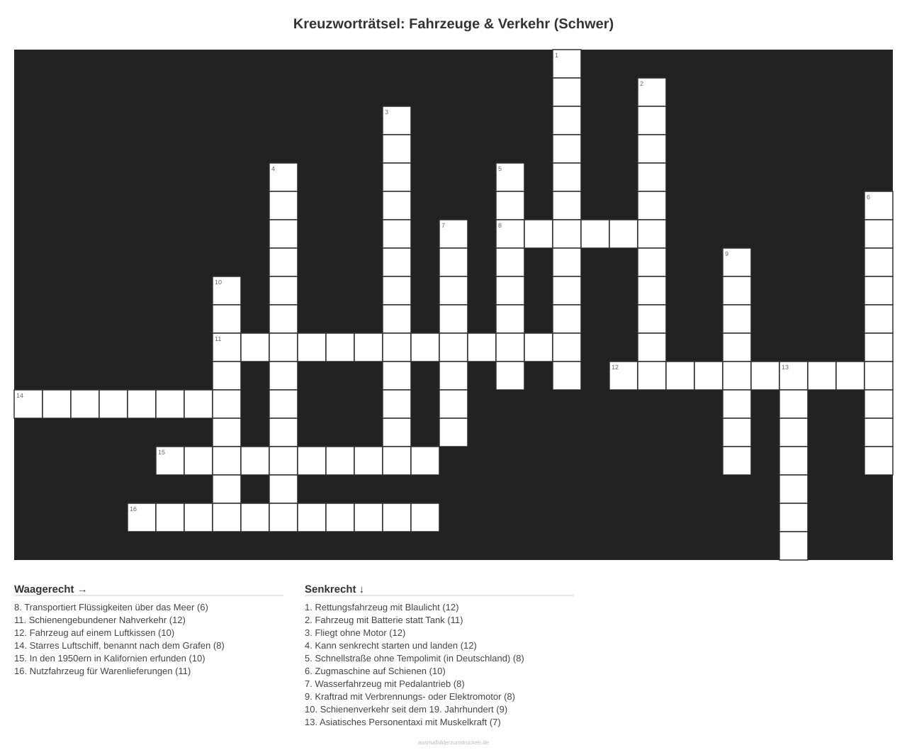 Kreuzworträtsel Kreuzworträtsel: Fahrzeuge & Verkehr (Schwer) aus der Kategorie Fahrzeuge - kostenlos ausdrucken
