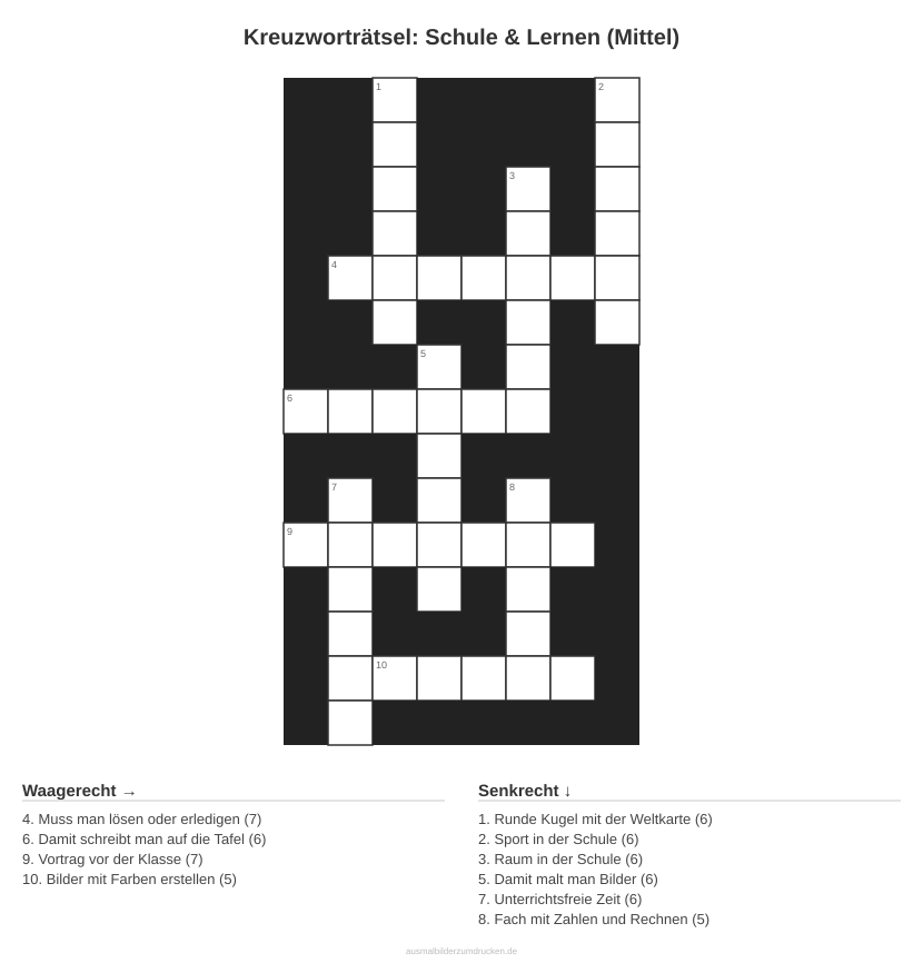 Kreuzworträtsel Kreuzworträtsel: Schule & Lernen (Mittel) aus der Kategorie Schule - kostenlos ausdrucken