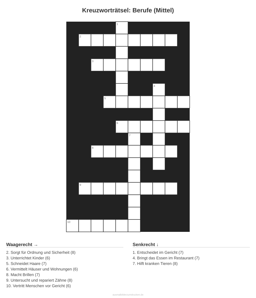 Kreuzworträtsel Kreuzworträtsel: Berufe (Mittel) aus der Kategorie Berufe - kostenlos ausdrucken