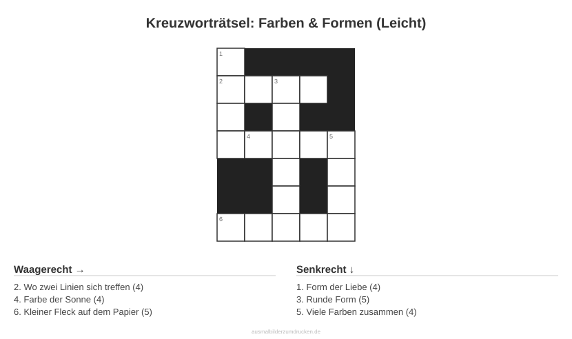 Kreuzworträtsel Kreuzworträtsel: Farben & Formen (Leicht) aus der Kategorie Farben - kostenlos ausdrucken