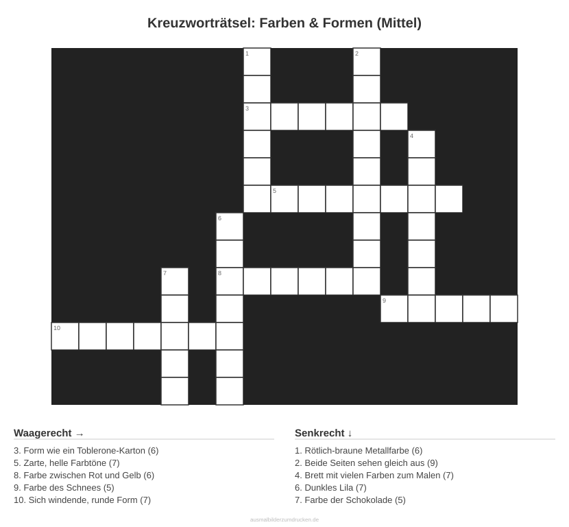 Kreuzworträtsel Kreuzworträtsel: Farben & Formen (Mittel) aus der Kategorie Farben - kostenlos ausdrucken