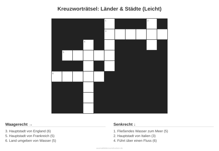 Kreuzworträtsel Kreuzworträtsel: Länder & Städte (Leicht) aus der Kategorie Länder - kostenlos ausdrucken