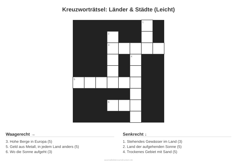 Kreuzworträtsel Kreuzworträtsel: Länder & Städte (Leicht) aus der Kategorie Länder - kostenlos ausdrucken