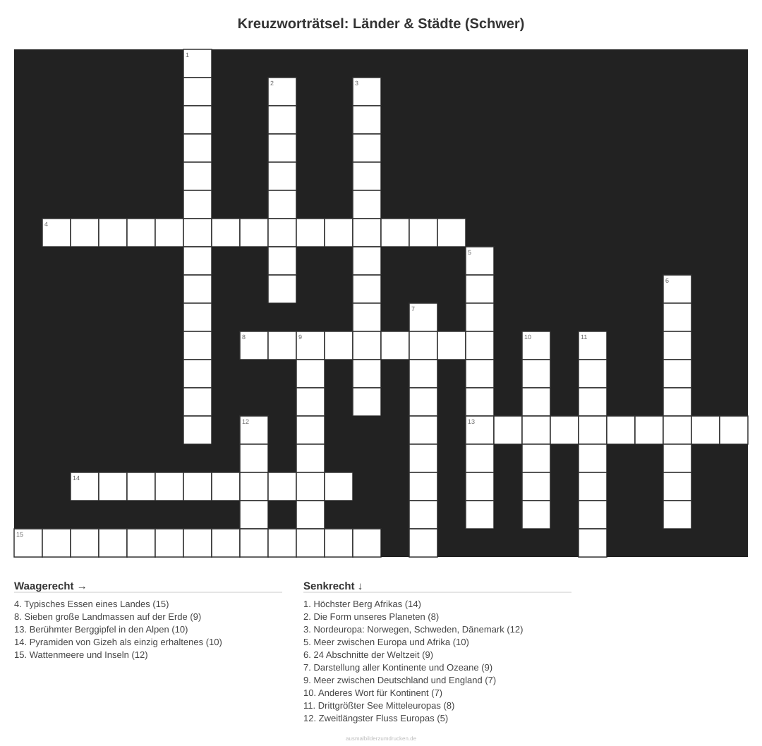 Kreuzworträtsel Kreuzworträtsel: Länder & Städte (Schwer) aus der Kategorie Länder - kostenlos ausdrucken