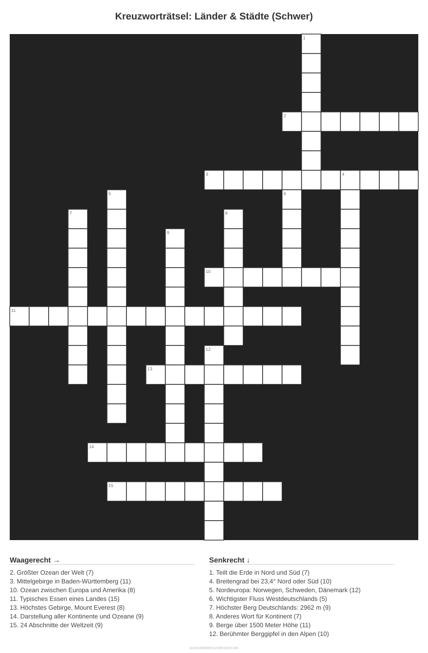 Kreuzworträtsel Kreuzworträtsel: Länder & Städte (Schwer) aus der Kategorie Länder - kostenlos ausdrucken