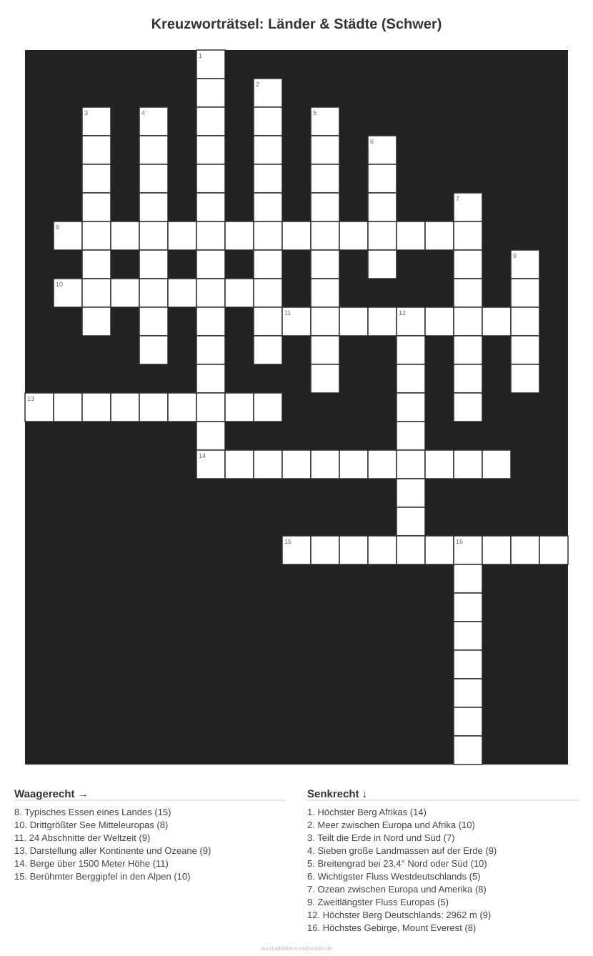 Kreuzworträtsel Kreuzworträtsel: Länder & Städte (Schwer) aus der Kategorie Länder - kostenlos ausdrucken
