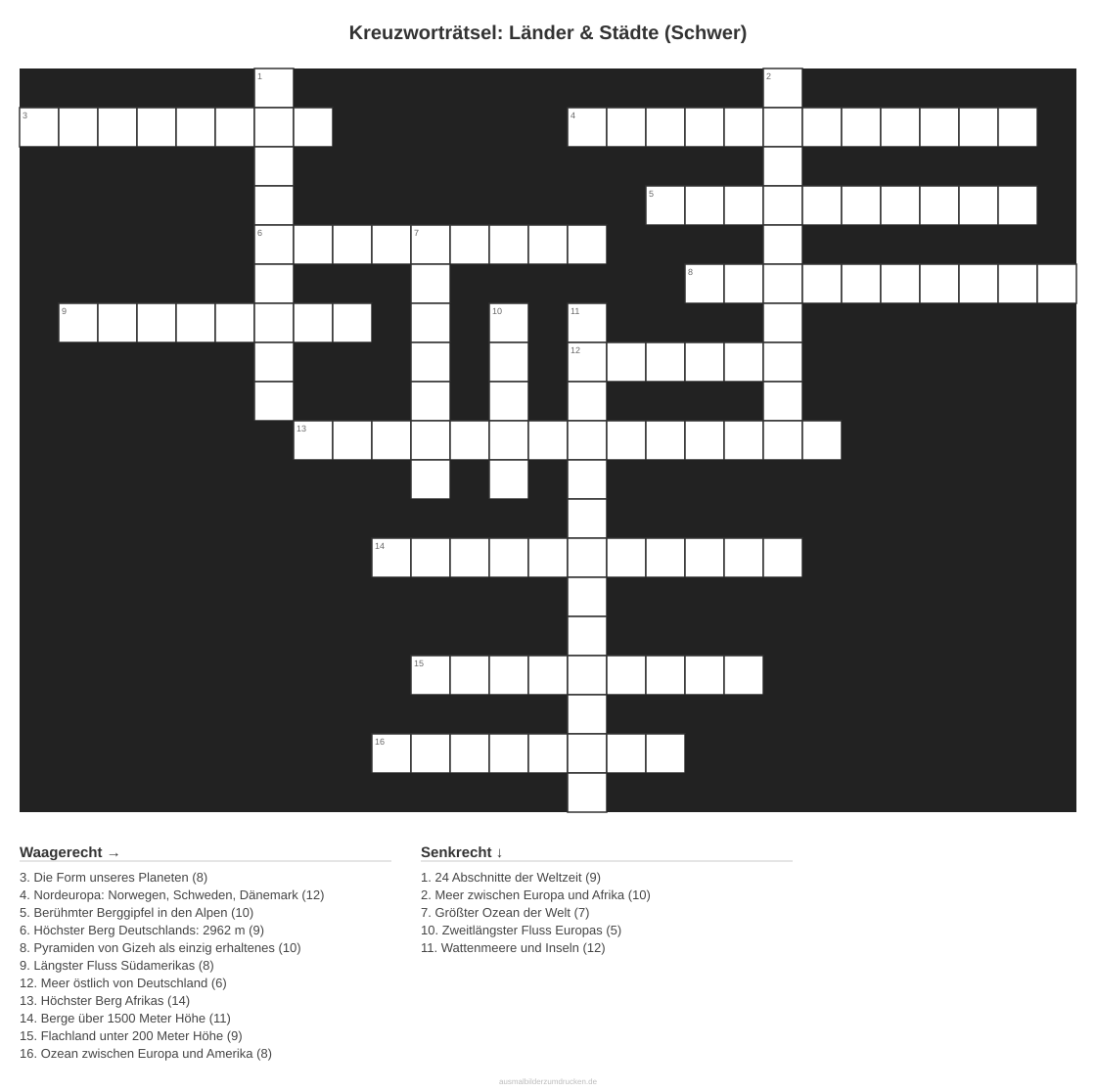 Kreuzworträtsel Kreuzworträtsel: Länder & Städte (Schwer) aus der Kategorie Länder - kostenlos ausdrucken
