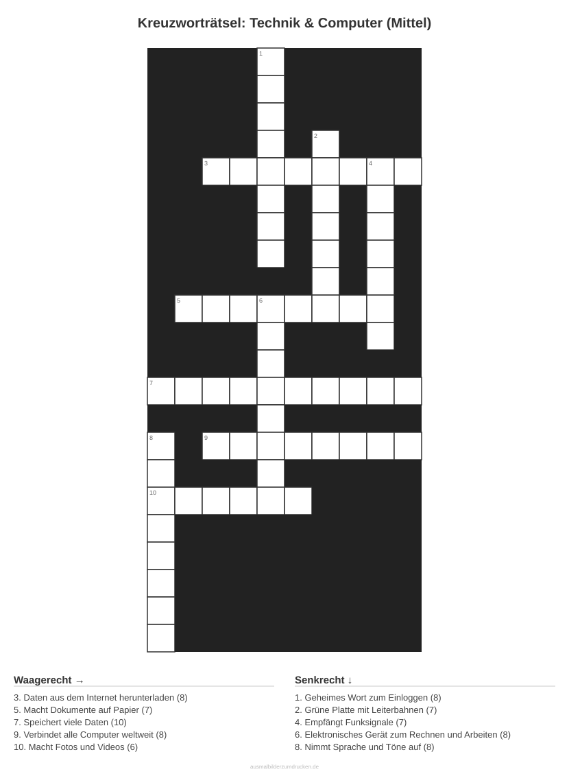 Kreuzworträtsel Kreuzworträtsel: Technik & Computer (Mittel) aus der Kategorie Technik - kostenlos ausdrucken