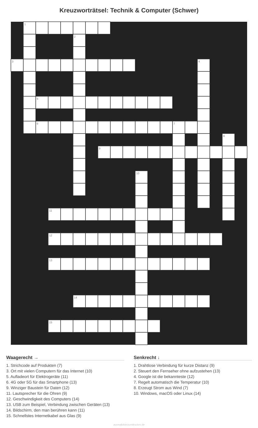 Kreuzworträtsel Kreuzworträtsel: Technik & Computer (Schwer) aus der Kategorie Technik - kostenlos ausdrucken