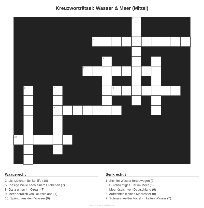 Kreuzworträtsel Kreuzworträtsel: Wasser & Meer (Mittel) aus der Kategorie Wasser - kostenlos ausdrucken