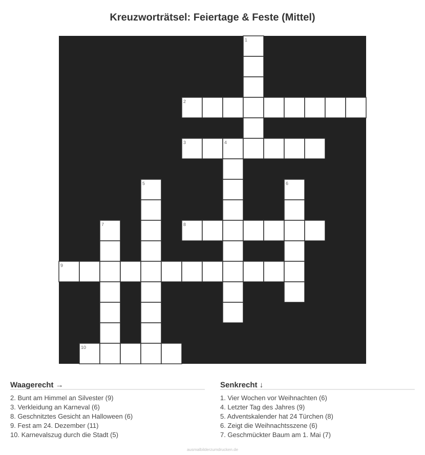Kreuzworträtsel Kreuzworträtsel: Feiertage & Feste (Mittel) aus der Kategorie Feste - kostenlos ausdrucken