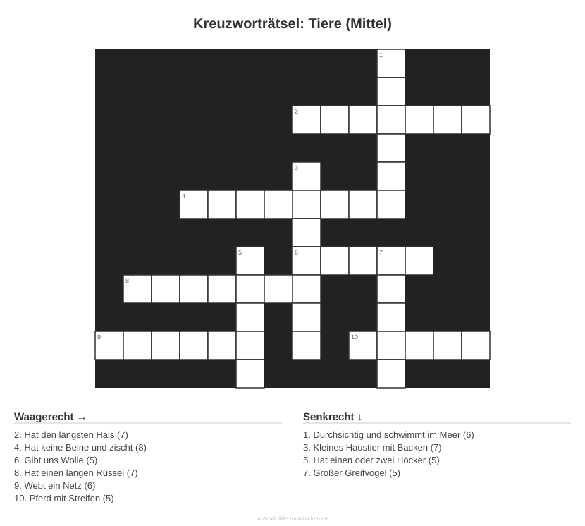 Kreuzworträtsel Kreuzworträtsel: Tiere (Mittel) aus der Kategorie Tiere - kostenlos ausdrucken
