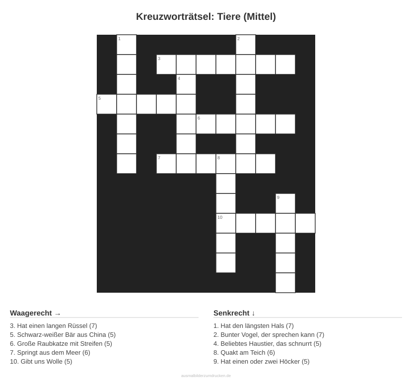 Kreuzworträtsel Kreuzworträtsel: Tiere (Mittel) aus der Kategorie Tiere - kostenlos ausdrucken