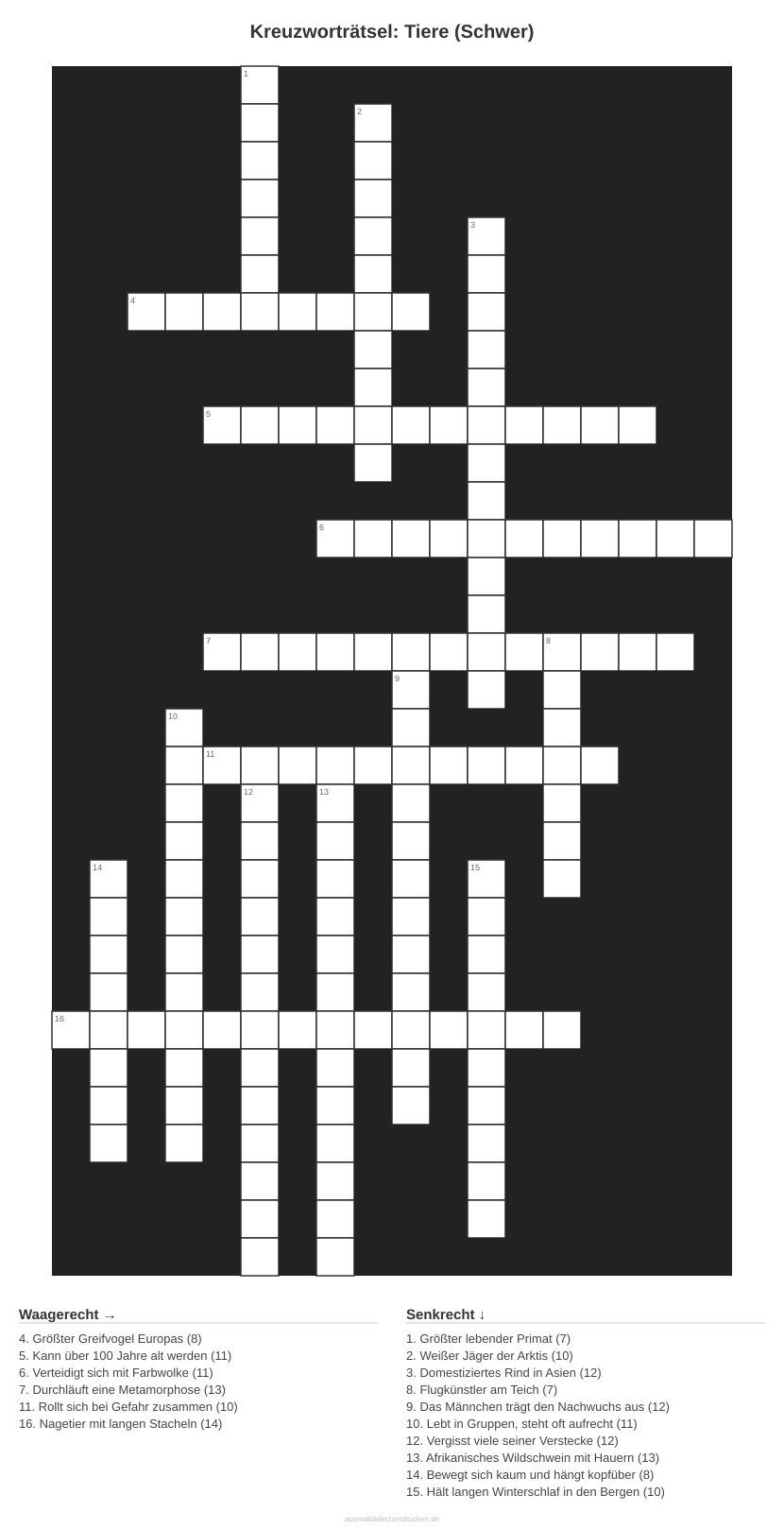 Kreuzworträtsel Kreuzworträtsel: Tiere (Schwer) aus der Kategorie Tiere - kostenlos ausdrucken