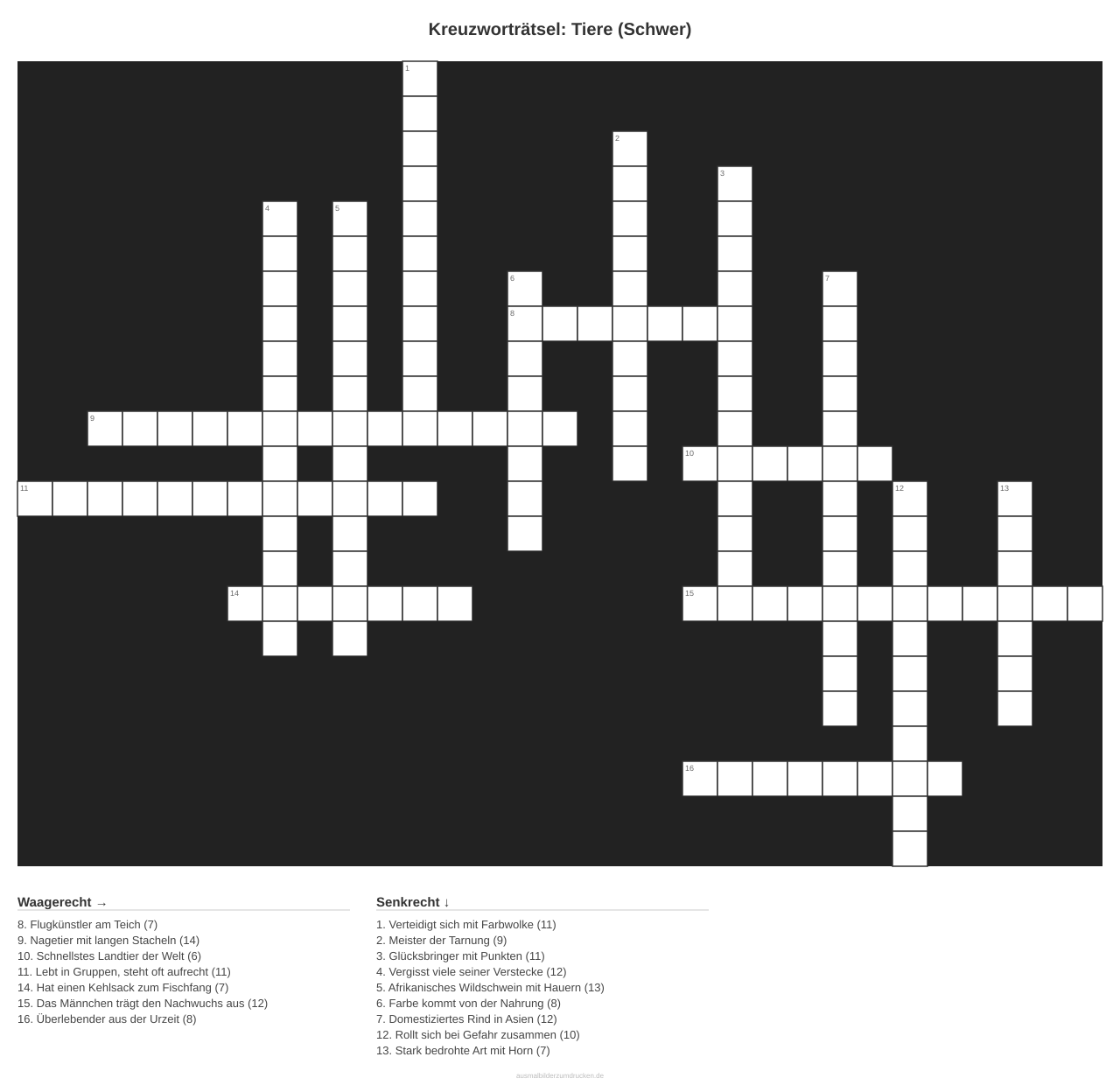 Kreuzworträtsel Kreuzworträtsel: Tiere (Schwer) aus der Kategorie Tiere - kostenlos ausdrucken